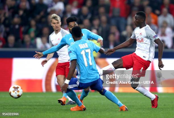 Amadou Haidara of Red Bull Salzburg scores the first goal during the UEFA Europa Semi Final Second leg match between FC Red Bull Salzburg and...