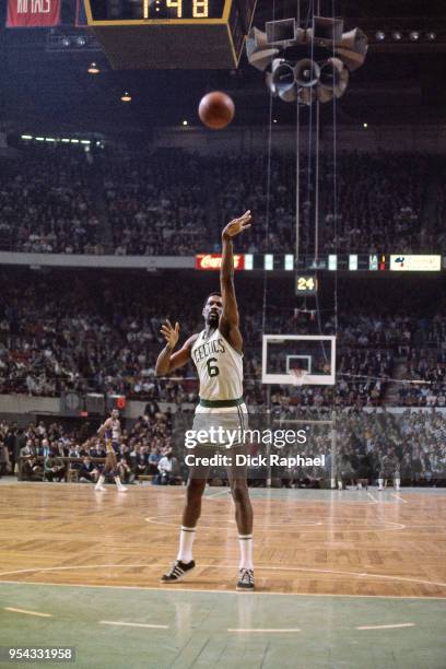 Bill Russell of the Boston Celtics shoots a free throw against the Los Angeles Lakers circa 1964 at the Boston Garden in Boston, Massachusetts. NOTE...
