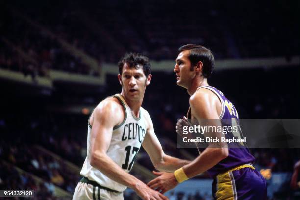 John Havlicek of the Boston Celtics defends Jerry West of the Los Angeles Lakers circa 1972 at the Boston Garden in Boston, Massachusetts. NOTE TO...