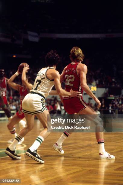 John Havlicek of the Boston Celtics defends Bill Walton of the Portland Trail Blazers circa 1974 at the Boston Garden in Boston, Massachusetts. NOTE...