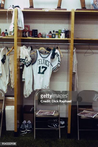 The jersey of John Havlicek of the Boston Celtics is shown hanging up circa 1970 at the Boston Garden in Boston, Massachusetts. NOTE TO USER: User...
