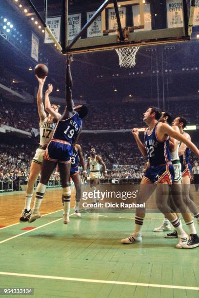 John Havlicek of the Boston Celtics shoots the ball against the New York Knicks circa 1970 at the Boston Garden in Boston, Massachusetts. NOTE TO...