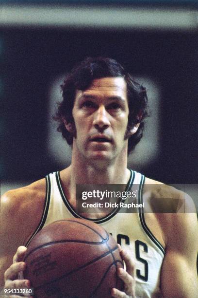 John Havlicek of the Boston Celtics shoots a free throw during a game circa 1970 at the Boston Garden in Boston, Massachusetts. NOTE TO USER: User...
