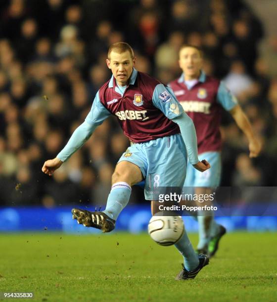 Jonathan Spector of West Ham in action during the Carling Cup Semi Final 2nd Leg match between Birmingham City and West Ham United at St Andrews on...