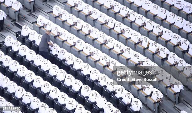 Shirts that read North sit on chairs as the Toronto Raptors play the Cleveland Cavaliers in the second round of the NBA playoffs at the Air Canada...