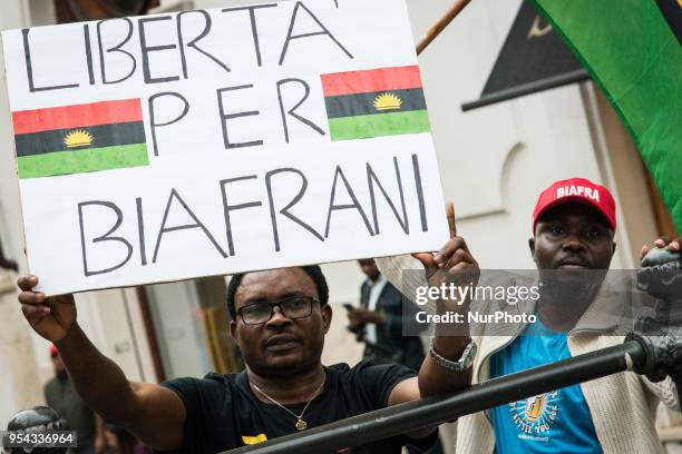 Demonstration of the community of Biafra in Italy in Piazza Montecitorio with signs, Liberta 'for biafrani' and 'Biafra referendum' signs raised by...