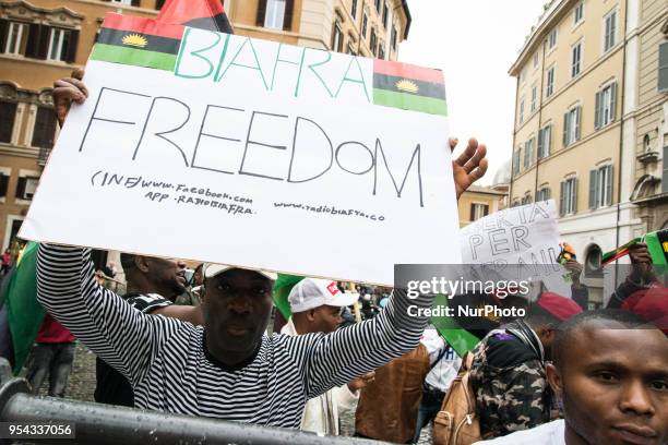 Demonstration of the community of Biafra in Italy in Piazza Montecitorio with signs, Liberta 'for biafrani' and 'Biafra referendum' signs raised by...