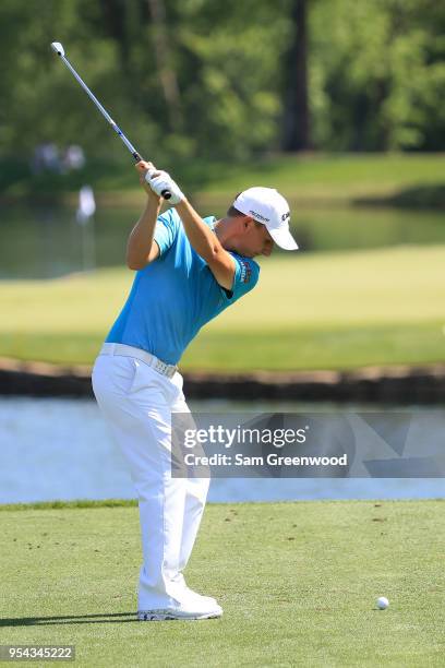 Emiliano Grillo of Argentina plays his tee shot on the 17th hole during the first round of the 2018 Wells Fargo Championship at Quail Hollow Club on...