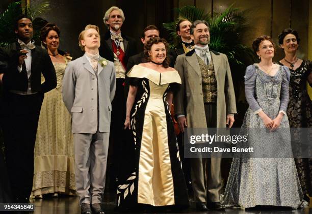 Cast members Freddie Fox, Frances Barber, Nathaniel Parker and Sally Bretton bow at the curtain call during the press night performance of "An Ideal...