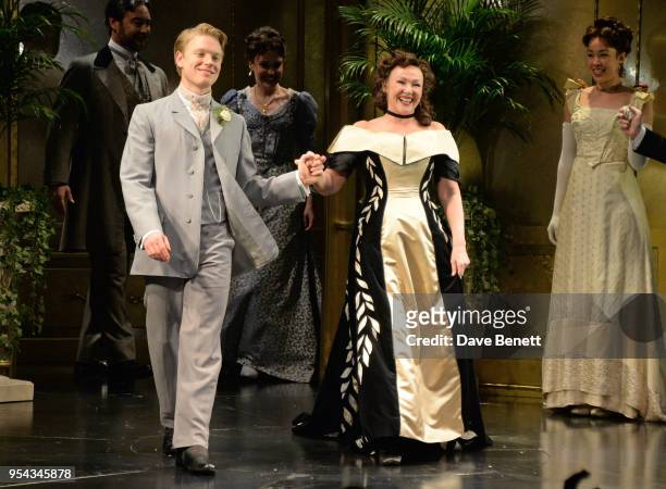 Cast members Freddie Fox and Frances Barber bow at the curtain call during the press night performance of "An Ideal Husband" at the Vaudeville...
