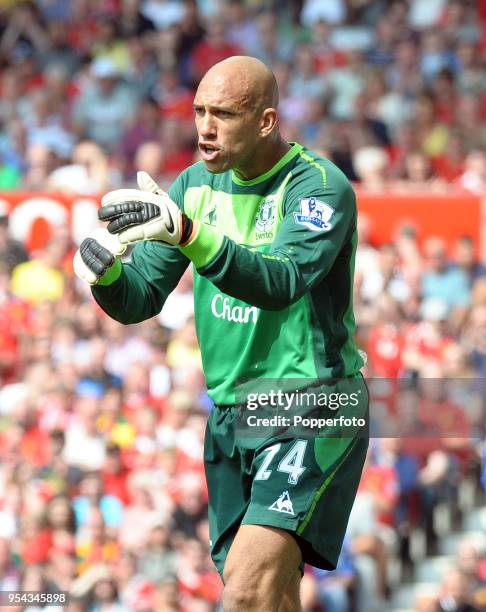 Everton goalkeeper Tim Howard in action during the Barclays Premier League match between Manchester United and Everton at Old Trafford on April 23,...