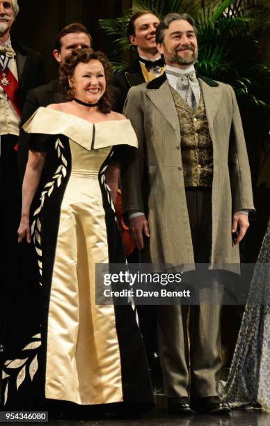 Cast members Frances Barber and Nathaniel Parker bow at the curtain call during the press night performance of "An Ideal Husband" at the Vaudeville...