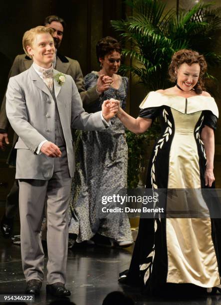 Cast members Freddie Fox and Frances Barber bow at the curtain call during the press night performance of "An Ideal Husband" at the Vaudeville...