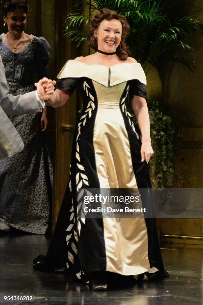 Cast member Frances Barber bows at the curtain call during the press night performance of "An Ideal Husband" at the Vaudeville Theatre on May 3, 2018...