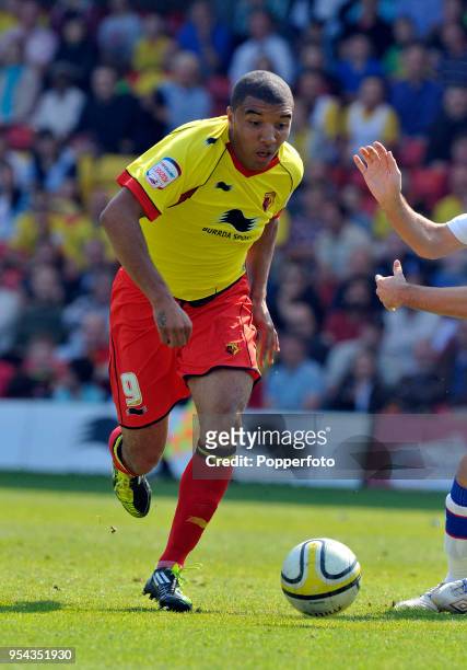 Troy Deeney of Watford in action during the npower Championship match between Watford and Queens Park Rangers at Vicarage Road on April 30, 2011 in...