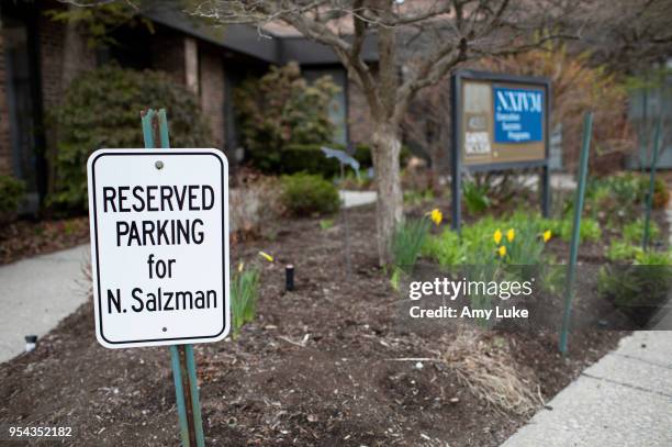 Reserved parking sign for NXIVM president Nancy Salzman outside of the group's office at 455 New Karner Road on April 26, 2018 in Albany, New York....