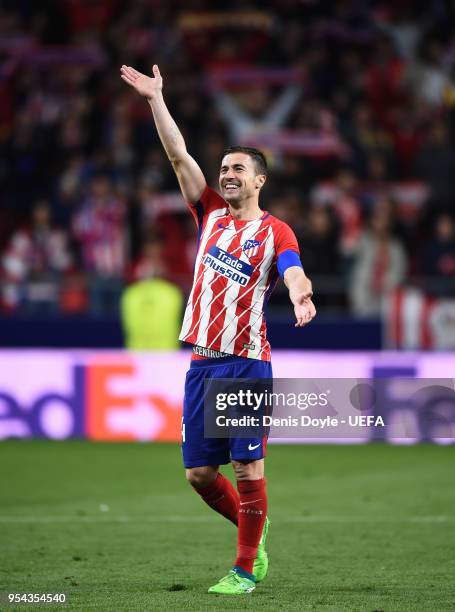 Gabi Fernandez of Atletico de Madrid celebrates after his team beat Arsenal 1-0 in the UEFA Europa League Semi Final second leg match between...