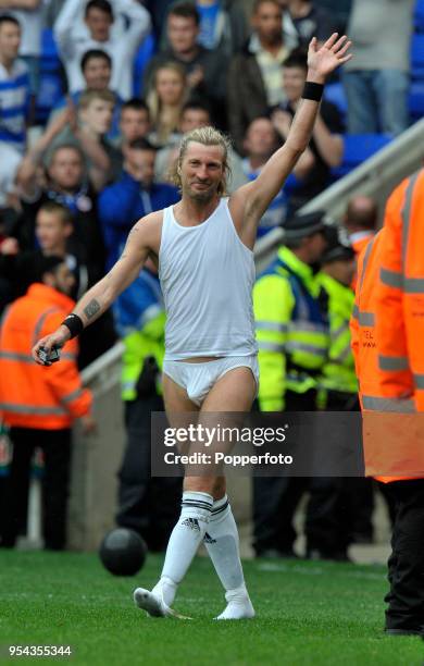 Robbie Savage of Derby strips to his underwear and bids farewell to fans on his 631st and final appearance after the npower Championship match...