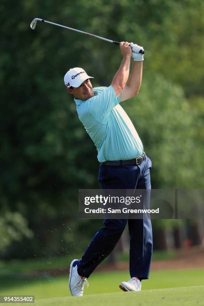 Johnson Wagner plays a shot from the ninth fairway during the first round of the 2018 Wells Fargo Championship at Quail Hollow Club on May 3, 2018 in...