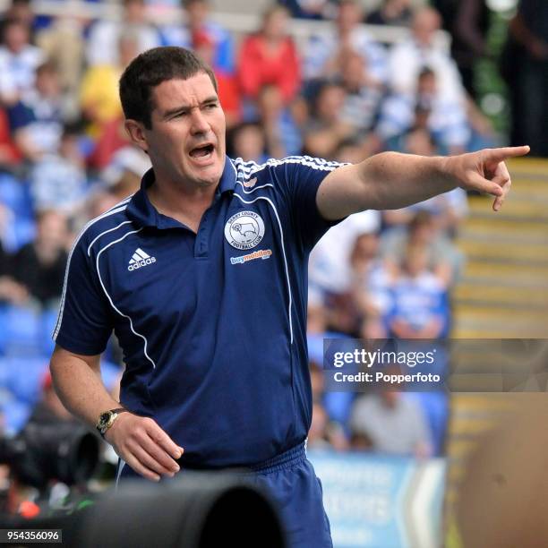 Derby manager Nigel Clough gives instructions during the npower Championship match between Reading and Derby County at Madejski Stadium on May 7,...