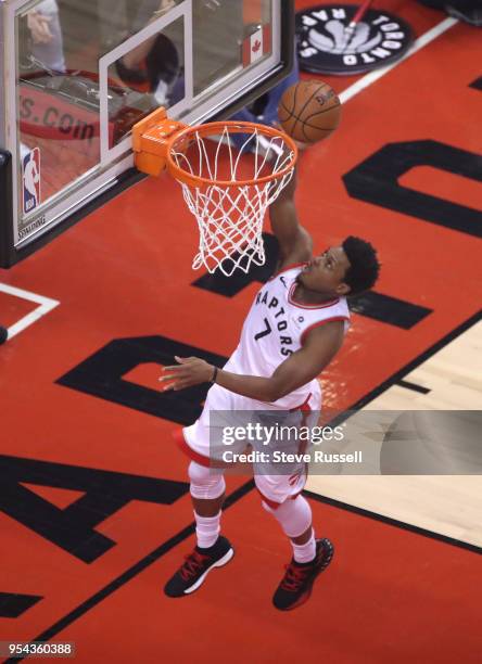 Toronto Raptors guard Kyle Lowry goes in for an uncontested layup as the Toronto Raptors play the Cleveland Cavaliers in the second round of the NBA...