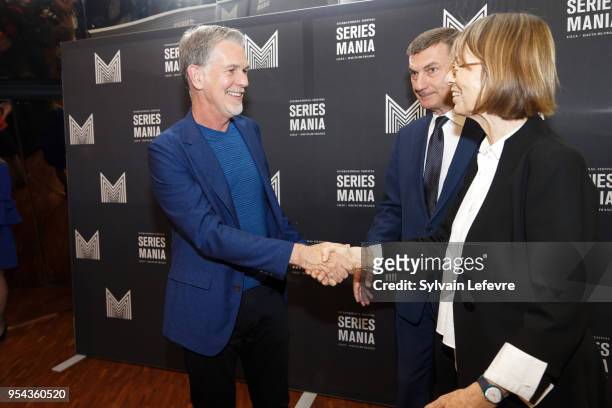 Netflix Co-founder, Chairman & CEO Reed Hastings greets French Culture Minister Francoise Nyssen and Andrus Ansip , Vice-President of the European...