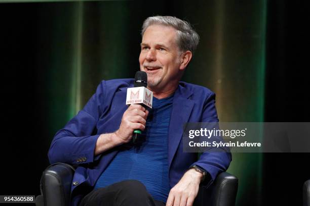 Netflix Co-founder, Chairman & CEO Reed Hastings attends Q&A during Transatlantic Forum as part of Series Mania Lille Hauts de France festival on May...