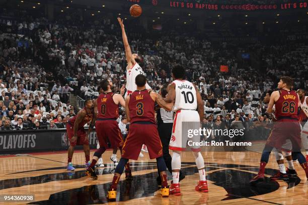 Jonas Valanciunas of the Toronto Raptors jumps for tip off to start the game against the Cleveland Cavaliers in Game Two of Round Two of the 2018 NBA...