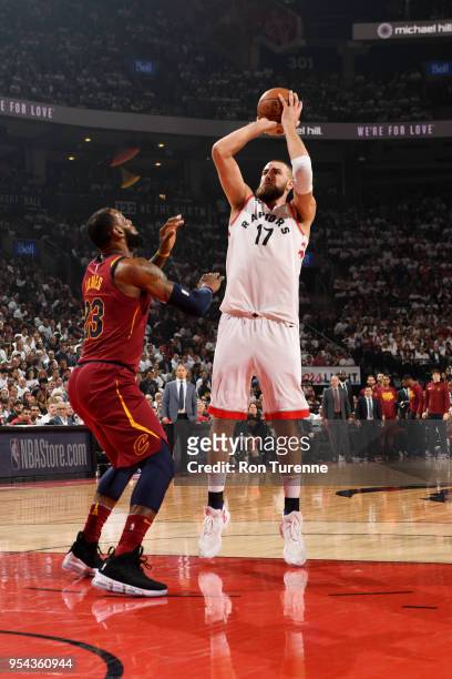 Jonas Valanciunas of the Toronto Raptors shoots the ball against the Cleveland Cavaliers in Game Two of Round Two of the 2018 NBA Playoffs on May 3,...