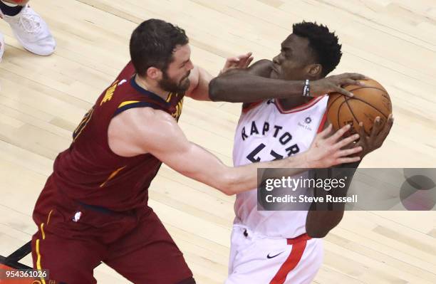 Cleveland Cavaliers center Kevin Love defends against Toronto Raptors forward Pascal Siakam as the Toronto Raptors play the Cleveland Cavaliers in...