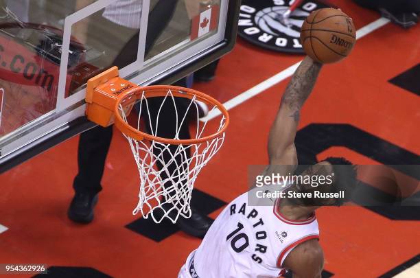 Toronto Raptors guard DeMar DeRozan dunks as the Toronto Raptors play the Cleveland Cavaliers in the second round of the NBA playoffs at the Air...