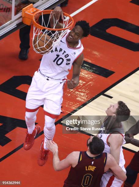 Toronto Raptors guard DeMar DeRozan dunks as the Toronto Raptors play the Cleveland Cavaliers in the second round of the NBA playoffs at the Air...