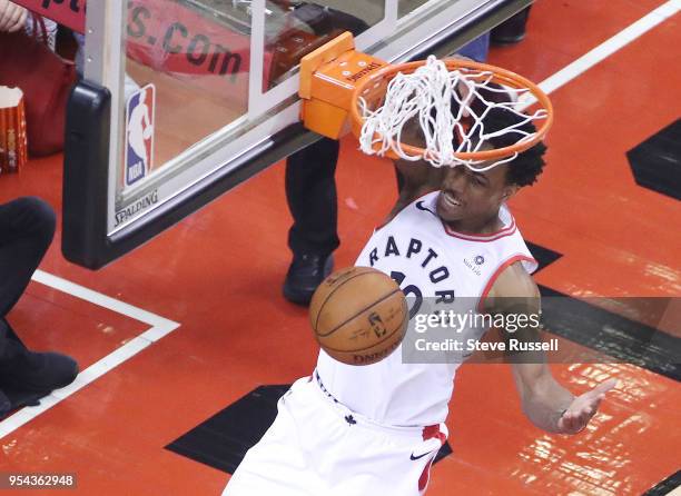 Toronto Raptors guard DeMar DeRozan dunks as the Toronto Raptors play the Cleveland Cavaliers in the second round of the NBA playoffs at the Air...