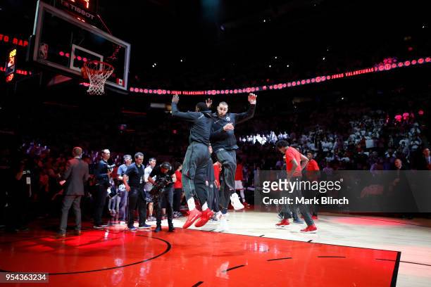 Jonas Valanciunas of the Toronto Raptors is introduced before Game Two of the Eastern Conference Semifinals against the Cleveland Cavaliers during...