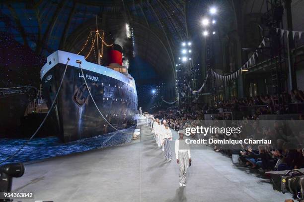 Model walk the runway during the Chanel Cruise 2018/2019 Collection at Le Grand Palais on May 3, 2018 in Paris, France.