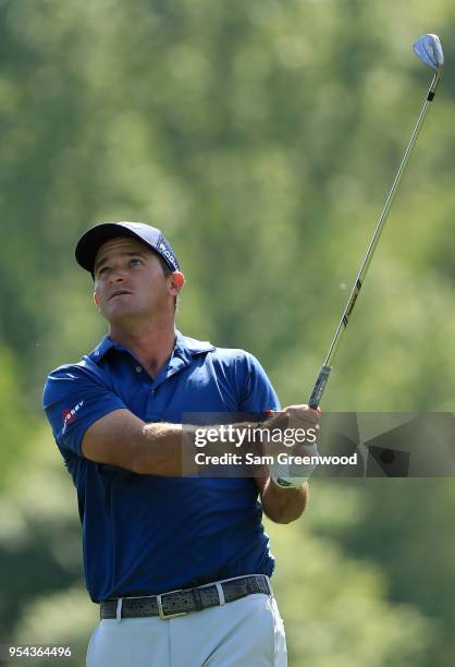 Sam Saunders plays a shot on the 13th hole during the first round of the 2018 Wells Fargo Championship at Quail Hollow Club on May 3, 2018 in...