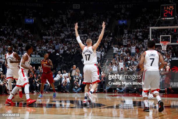 Jonas Valanciunas of the Toronto Raptors reacts to a play in Game Two of the Eastern Conference Semifinals against the Cleveland Cavaliers during the...