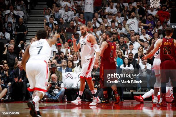 Jonas Valanciunas of the Toronto Raptors reacts to a play in Game Two of the Eastern Conference Semifinals against the Cleveland Cavaliers during the...