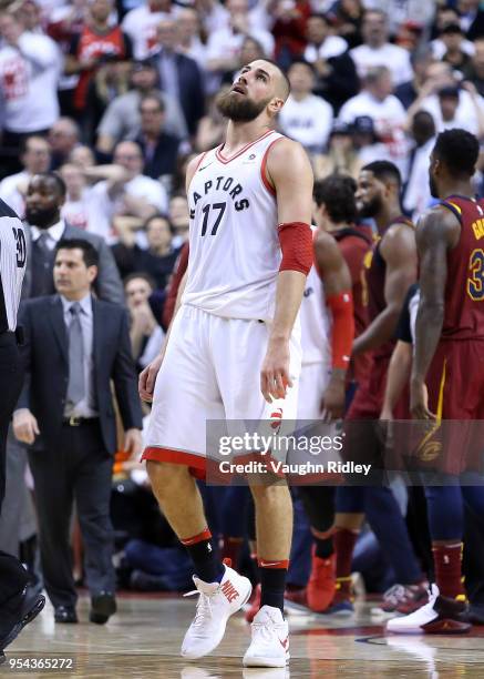 Jonas Valanciunas of the Toronto Raptors reacts after missing a shot in the second half of Game One of the Eastern Conference Semifinals against the...