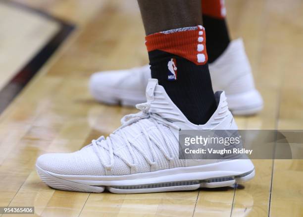 The shoes worn by Pascal Siakam of the Toronto Raptors in the first half of Game One of the Eastern Conference Semifinals against the Cleveland...