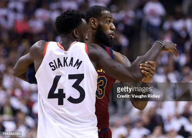 LeBron James of the Cleveland Cavaliers and Pascal Siakam of the Toronto Raptors in the second half of Game One of the Eastern Conference Semifinals...