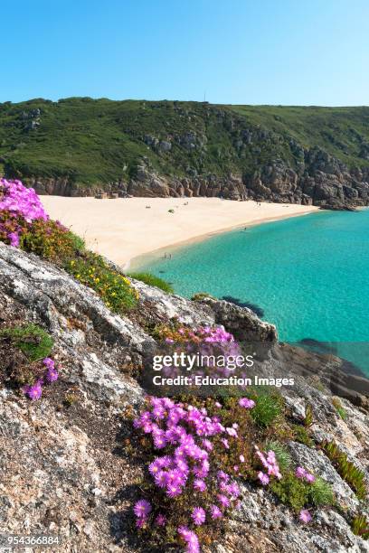 The secluded cove at porthcurno in Cornwall, England, uk.