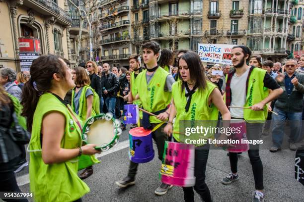 Group of young people playing music in the demonstration for fair pensions. Pensioners and young people from all around Spain took part in a...