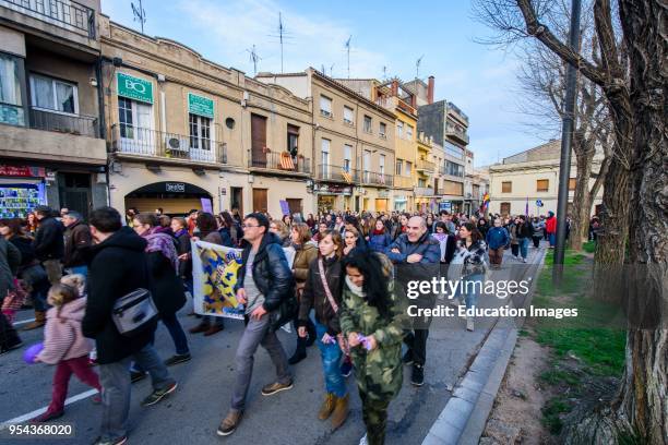 Manifestation in Mataro in 'dia de la mujer', women's day in Spanish. Strike of 8th March 2018