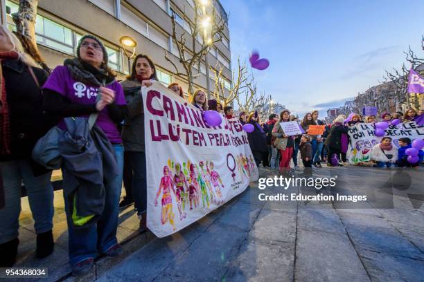 Manifestation in Mataro in 'dia de la mujer', women's day in Spanish. Strike of 8th March 2018