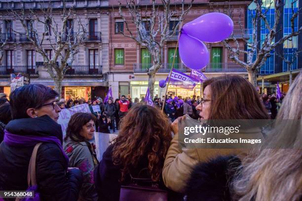 Manifestation in Mataro in 'dia de la mujer', women's day in Spanish. Strike of 8th March 2018