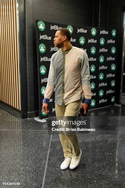 Justin Anderson of the Philadelphia 76ers arrives to the arena prior to Game Two of Round Two of the 2018 NBA Playoffs against the Boston Celtics on...