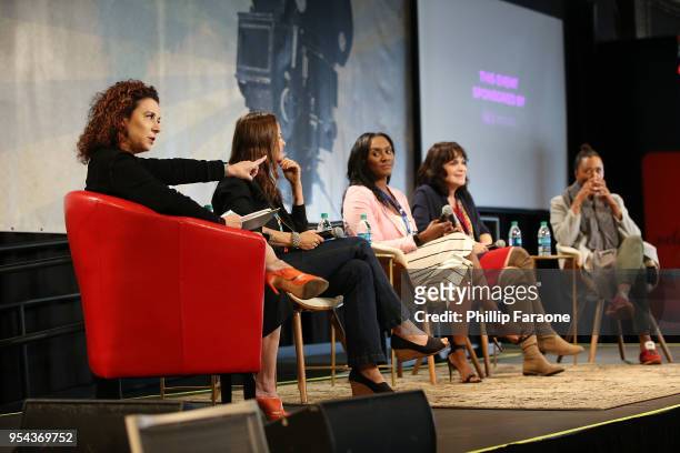 Madeline Di Nonno, Heather Rae, Courtney Parker, Chevonne O'Shaughnessy, and Aisha Tyler speak onstage during the A League Of Their Own panel at the...