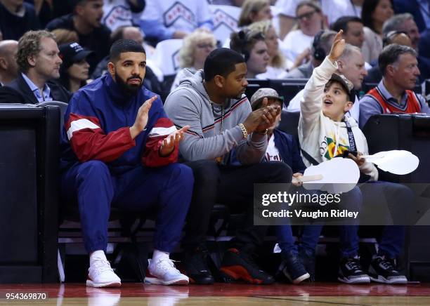 Drake looks on from his court side seat in the first half of Game Two of the Eastern Conference Semifinals between the Cleveland Cavaliers and the...