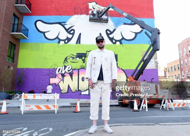 Face installs a permanent mural in Greenpoint, Brooklyn, commissioned by Kaspersky Lab, at The Greenpoint Terminal on May 3, 2018 in Brooklyn, New...